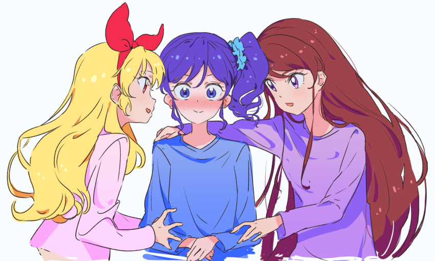 3girls aikatsu! aikatsu!_(series) alternate_costume blonde_hair blue_eyes blue_hair blue_scrunchie blue_shirt blush bow closed_mouth commentary_request embarrassed hair_bow hair_ornament hair_scrunchie hairband hand_on_another's_arm hand_on_another's_shoulder hoshimiya_ichigo kiriya_aoi long_hair long_sleeves looking_at_another looking_at_viewer multiple_girls nose_blush open_mouth own_hands_together pink_shirt purple_eyes purple_shirt red_bow red_eyes red_hair red_hairband scrunchie shibuki_ran shirt side_ponytail simple_background smile upper_body white_background wide-eyed yamamura_saki