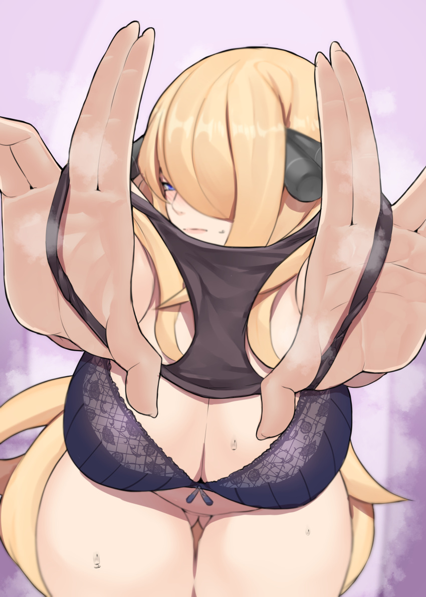 1girl absurdres ass_visible_through_thighs black_bra black_panties blonde_hair blue_eyes blurry blush bottomless bra breasts cleavage closed_mouth commentary_request curvy cynthia_(pokemon) depth_of_field floral_print hair_ornament hair_over_one_eye highres holding holding_clothes holding_panties holding_underwear large_breasts long_hair looking_at_viewer panties pokemon pokemon_(game) pokemon_dppt presenting_removed_panties reaching reaching_towards_viewer shirosuke solo sweat thick_thighs thigh_gap thighs underwear very_long_hair