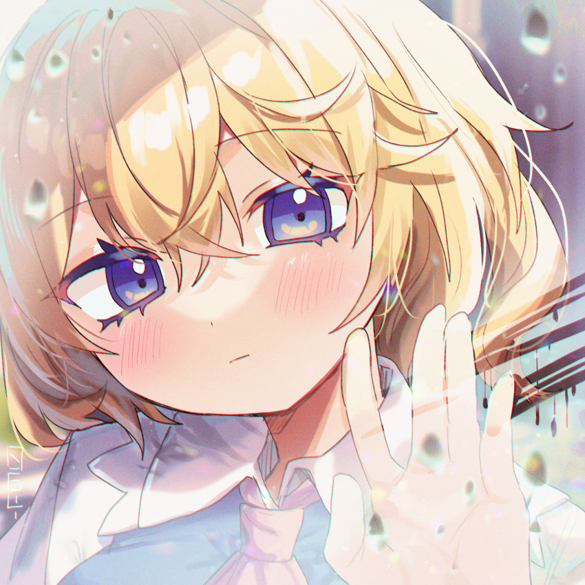 1girl against_glass alice_margatroid blonde_hair blue_dress blue_eyes blush capelet closed_mouth dress hair_between_eyes haruwaka_064 highres portrait rain short_hair signature solo touhou water_drop white_capelet wiping