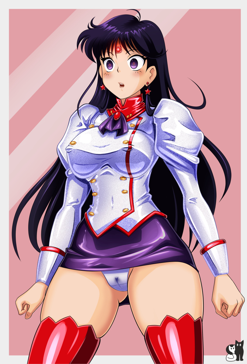 1girl absurdres agent_aika aika_(series) ascot bishoujo_senshi_sailor_moon black_ascot black_hair black_skirt blank_eyes breasts buttons cameltoe commentary cosplay crotch_seam delmogeny_uniform double-breasted highres hino_rei jacket juliet_sleeves legs long_hair long_sleeves panties pantyshot pencil_skirt puffy_sleeves red_footwear rosvo sailor_mars skirt solo striped striped_panties taut_clothes underwear uniform white_delmo white_jacket