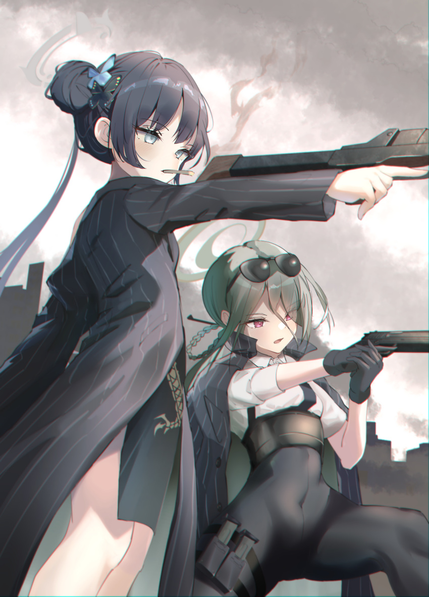 2girls absurdres aiming beretta_92 black_dress black_gloves black_hair blue_archive butterfly_hair_ornament china_dress chinese_clothes coat commentary_request covered_navel double_bun dragon_print dress eyewear_on_head feet_out_of_frame gloves green_hair green_halo grey_coat grey_eyes grey_halo gun hair_bun hair_ornament hair_over_one_eye halo handgun high-waist_pants highres holding holding_gun holding_weapon kisaki_(blue_archive) long_hair long_sleeves looking_to_the_side mina_(blue_archive) multiple_girls nanahoshi_teru open_mouth outdoors pants pelvic_curtain pinstripe_jacket pinstripe_pattern print_dress red_eyes shirt short_dress side_slit skin_tight smoke smoking standing striped sunglasses twintails vertical-striped_coat weapon white_shirt