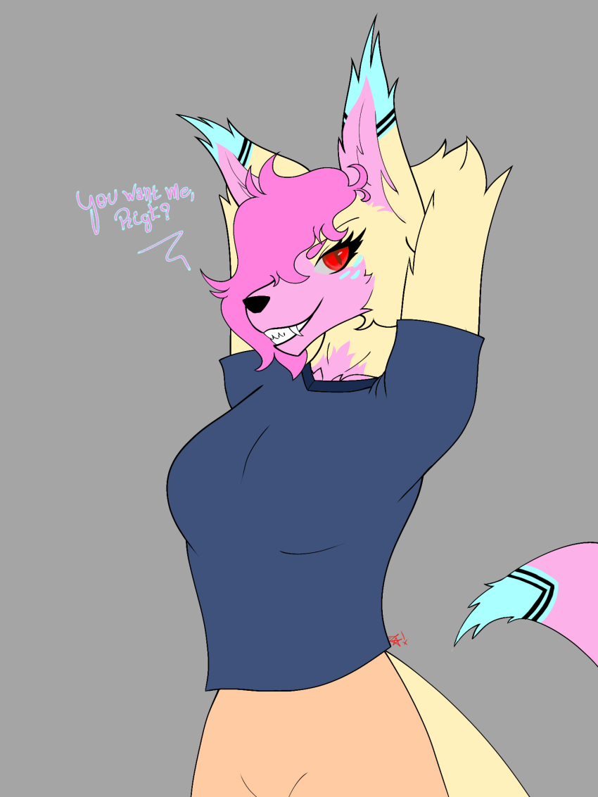 2023 anthro arctic_fox arms_above_head big_breasts breasts canid canine clothed clothing detailed digital_media_(artwork) female fox fully_clothed hair hi_res inviting looking_at_viewer mammal pink_hair raised_arms seductive smile solo thalya zthakitsune