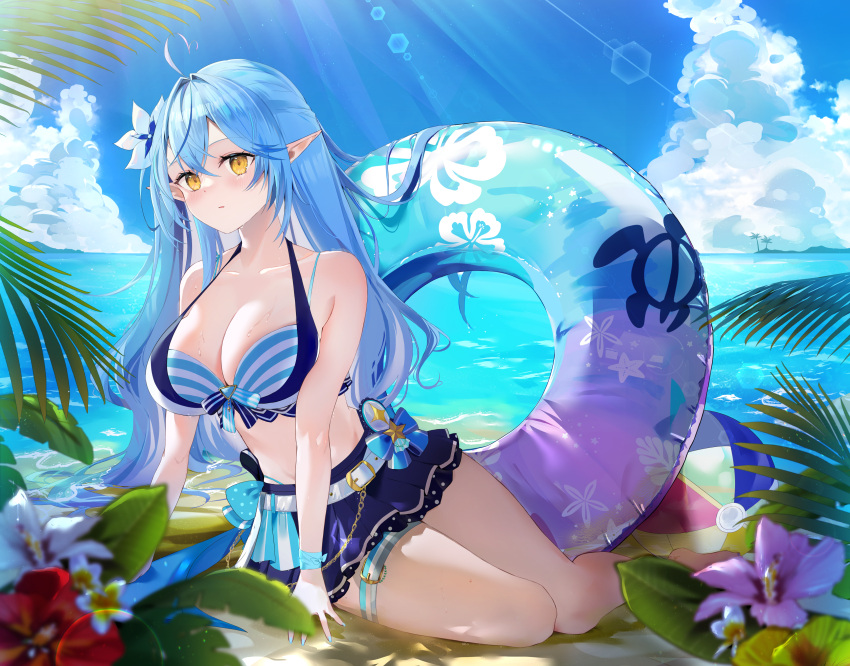 1girl absurdres ahoge alternate_costume arm_support aya02ka ball bare_legs barefoot beach beachball belt bikini bikini_skirt blue_bikini blue_bow blue_hair blue_nails blue_sky blurry blurry_foreground blush bow breasts chain cleavage cloud cloudy_sky day expressionless flower full_body hair_between_eyes hair_flower hair_intakes hair_ornament halterneck heart heart_ahoge highres hololive hololive_summer_2023_swimsuit innertube large_breasts lens_flare light_blue_hair light_rays long_hair looking_at_viewer multicolored_hair nail_polish ocean outdoors parted_lips pointy_ears sitting sky solo streaked_hair striped striped_bikini sunlight sweat swimsuit thigh_strap virtual_youtuber white_belt wristband yellow_eyes yokozuwari yukihana_lamy