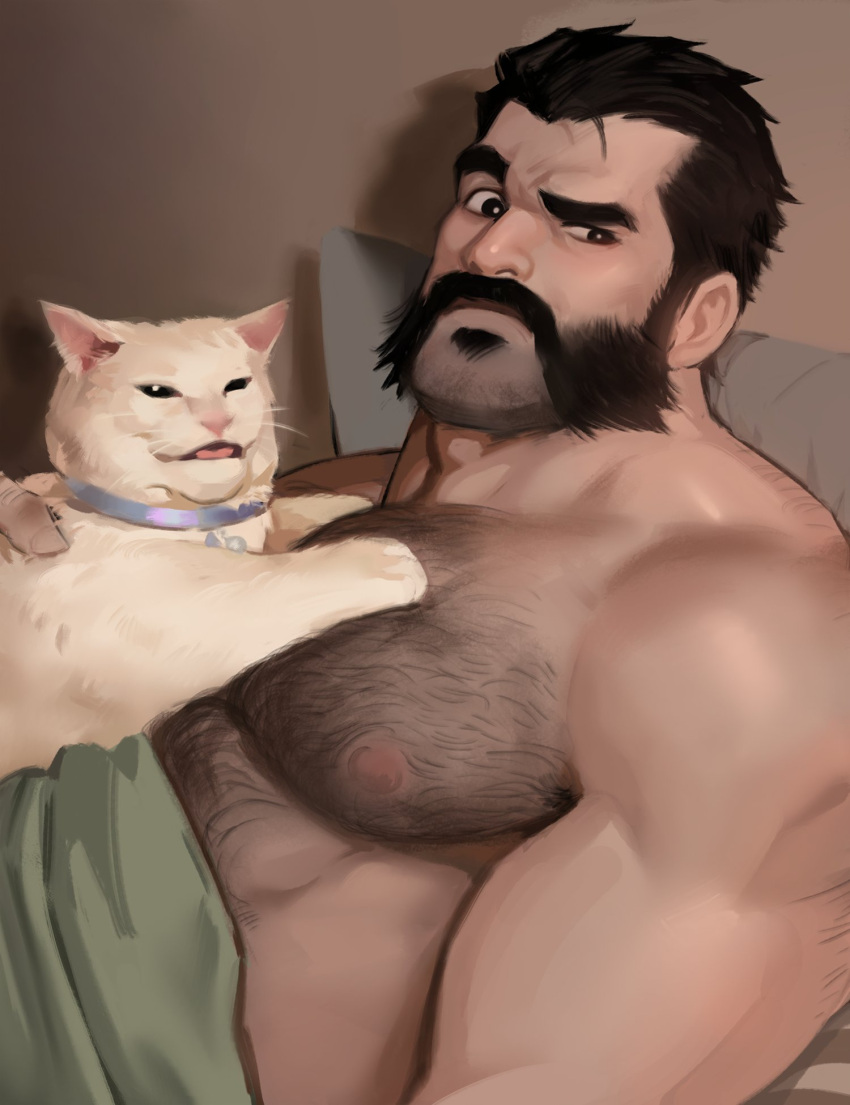 1boy animal bara beard black_hair body_hair cat cat_on_person chest_hair dopey_(dopq) facial_hair graves_(league_of_legends) highres large_pectorals league_of_legends looking_at_viewer lying male_focus manly mature_male meme muscular muscular_male mustache nipples pectorals raised_eyebrow revision short_hair simple_background solo topless_male woman_yelling_at_cat_(meme)