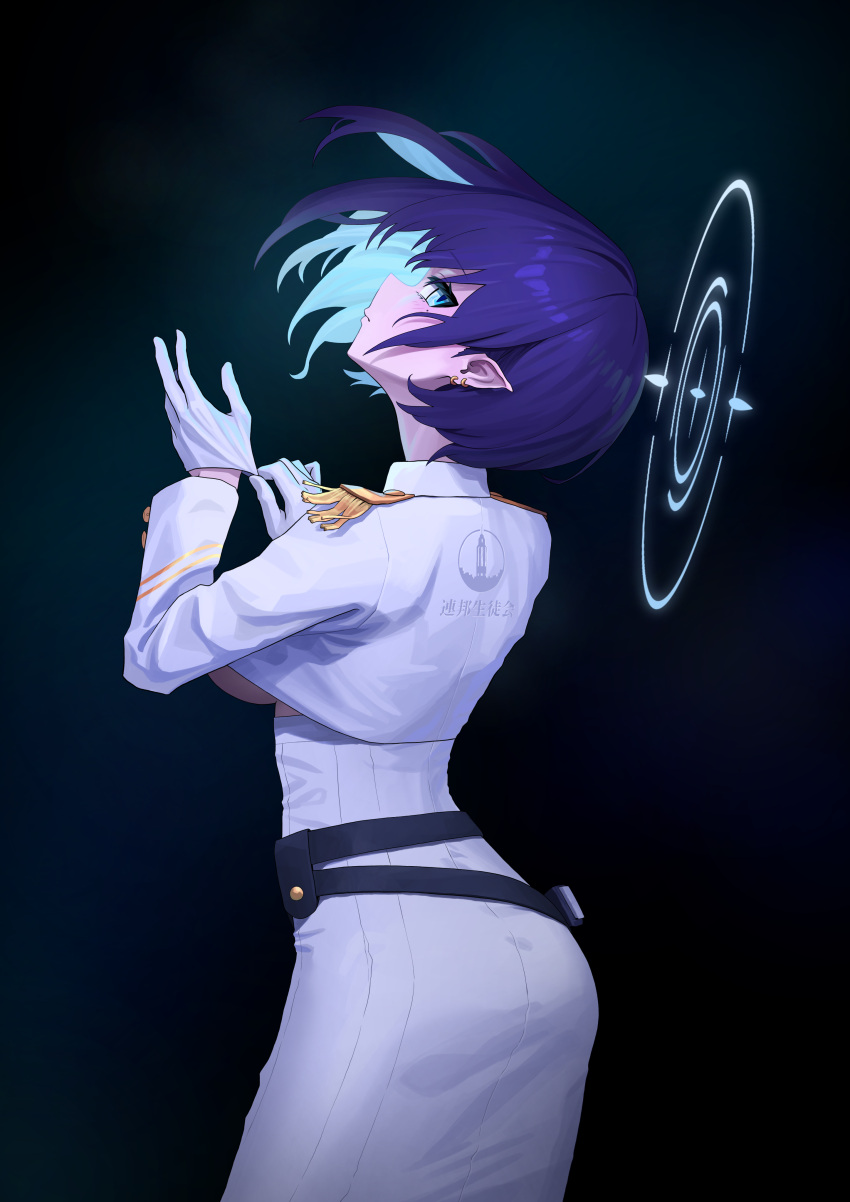 1girl absurdres adjusting_clothes adjusting_gloves aoi_(blue_archive) ass belt blue_archive blue_hair breasts colored_inner_hair cropped_jacket earrings gloves glowing glowing_hair halo highres jacket jewelry long_skirt long_sleeves looking_at_viewer loose_belt mole mole_under_eye multicolored_hair okokorika pointy_ears ribbed_skirt short_hair sideways_glance skirt solo two-tone_hair underboob white_gloves white_jacket white_skirt