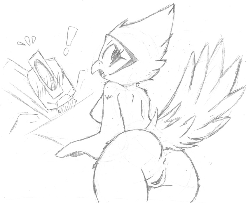 anthro avian bastion_(overwatch) bird blizzard_entertainment breasts duo feathers female ganymede_(overwatch) genitals hi_res looking_back machine male monochrome nipples non-mammal_breasts nude overwatch pussy robot shocked shocked_expression studiouac suprised_look tail_feathers traditional_media_(artwork)