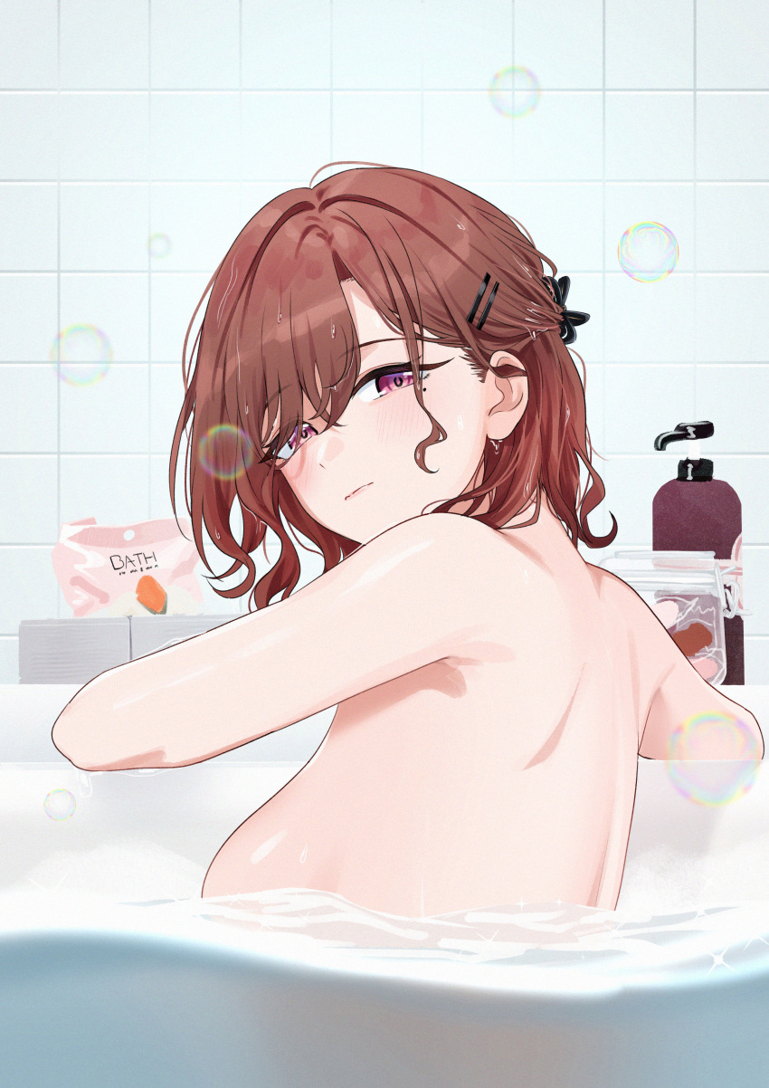 1girl absurdres air_bubble back bathing bathroom breasts brown_hair bubble commentary completely_nude highres higuchi_madoka idolmaster idolmaster_shiny_colors looking_at_viewer looking_back looking_to_the_side medium_breasts mole mole_under_eye nonbire nude partially_submerged red_eyes solo tile_wall tiles
