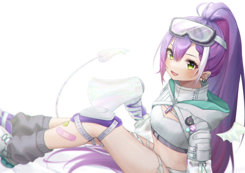 1girl 7_u9a_1 bandaid bandaid_on_leg bandeau belt black_socks blush braid braided_bangs breasts character_name demon_tail demon_wings ear_piercing fang globes gloves goggles goggles_on_head green_eyes grey_belt hair_behind_ear high_ponytail highres hololive hooded_shrug knee_pads legs long_hair long_sleeves looking_at_viewer loose_socks megaphone melting_tail midriff multicolored_hair official_alternate_costume piercing pink_hair ponytail purple_hair ribbed_bandeau roller_skates see-through see-through_sleeves short_shorts shorts shrug_(clothing) simple_background sitting skates small_breasts smile snap-fit_buckle socks solo stomach streaked_hair tail thigh_belt thigh_strap tokoyami_towa tokoyami_towa_(5th_costume) turtleneck very_long_hair virtual_youtuber white_background white_bandeau white_belt white_gloves white_shorts white_shrug white_tail wings