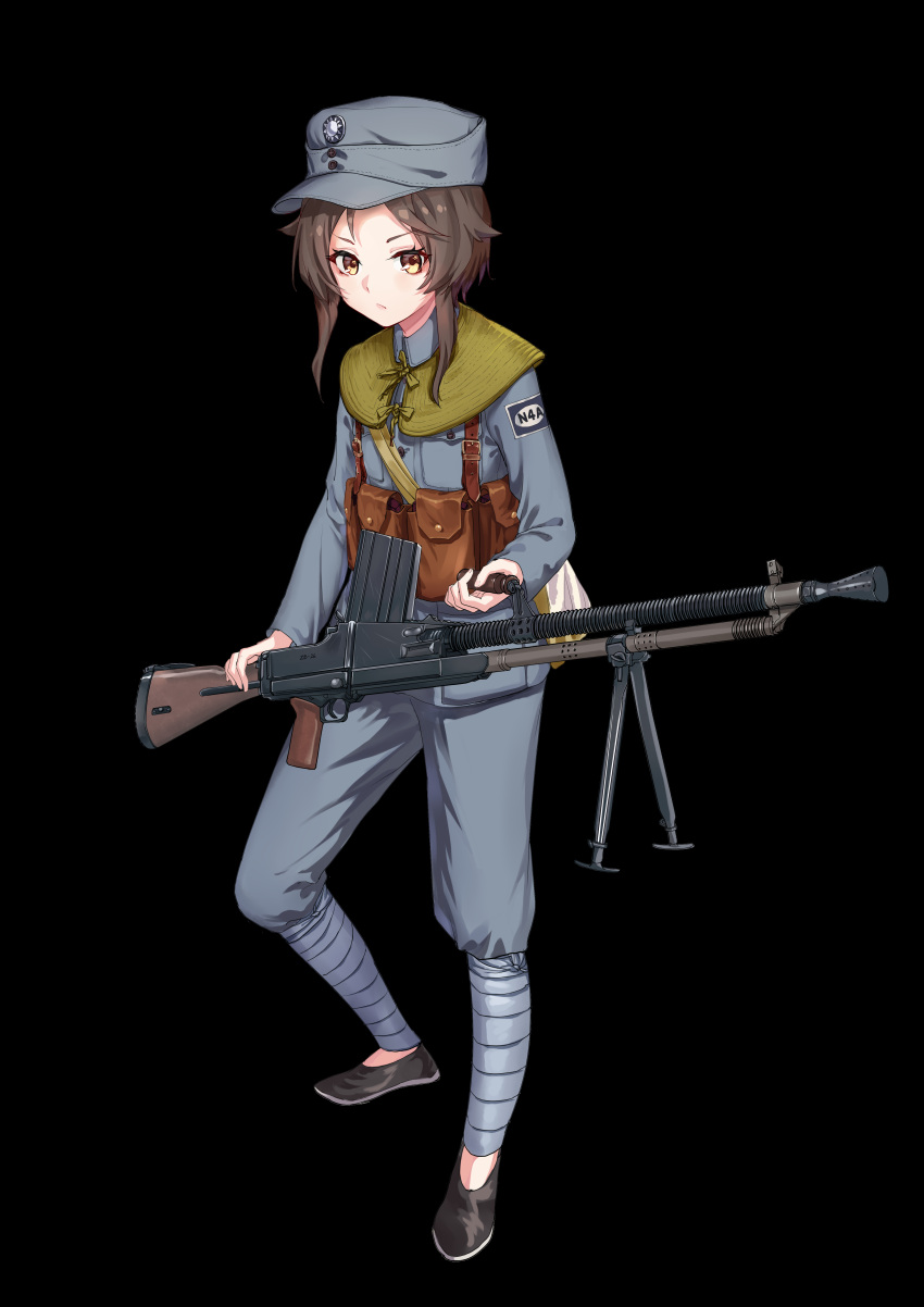 1girl absurdres bag black_background black_footwear brown_hair chinese_commentary closed_mouth full_body green_bag grey_headwear grey_jacket grey_pants gun highres holding holding_gun holding_weapon jacket kuomintang long_sleeves looking_at_viewer military_uniform original pants patrol_cap pouch puttee short_hair_with_long_locks shoulder_bag simple_background solo tuziki_sang uniform weapon weapon_request yellow_eyes