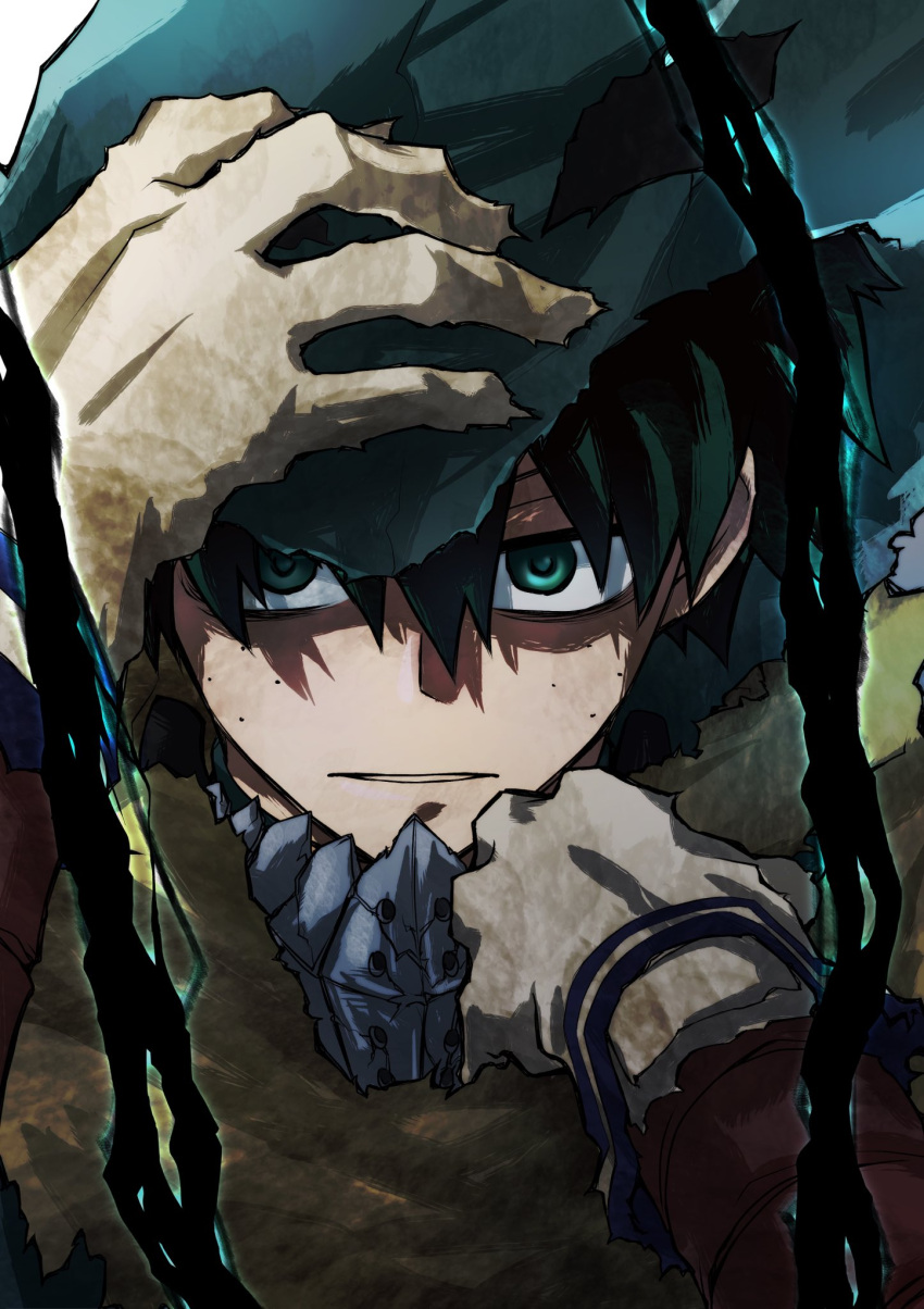 1boy adjusting_mask arm_up bags_under_eyes boku_no_hero_academia cape creepy_eyes dirty dirty_clothes freckles gloves green_eyes green_hair green_mask grey_background hair_between_eyes hand_on_mask hand_on_own_head hand_up highres looking_at_viewer male_focus mask mask_on_head midoriya_izuku narrowed_eyes official_alternate_costume parted_lips portrait sanpaku serious shade short_hair sidelighting solo spoilers straight-on takehara torn_clothes torn_gloves white_background white_gloves yellow_cape