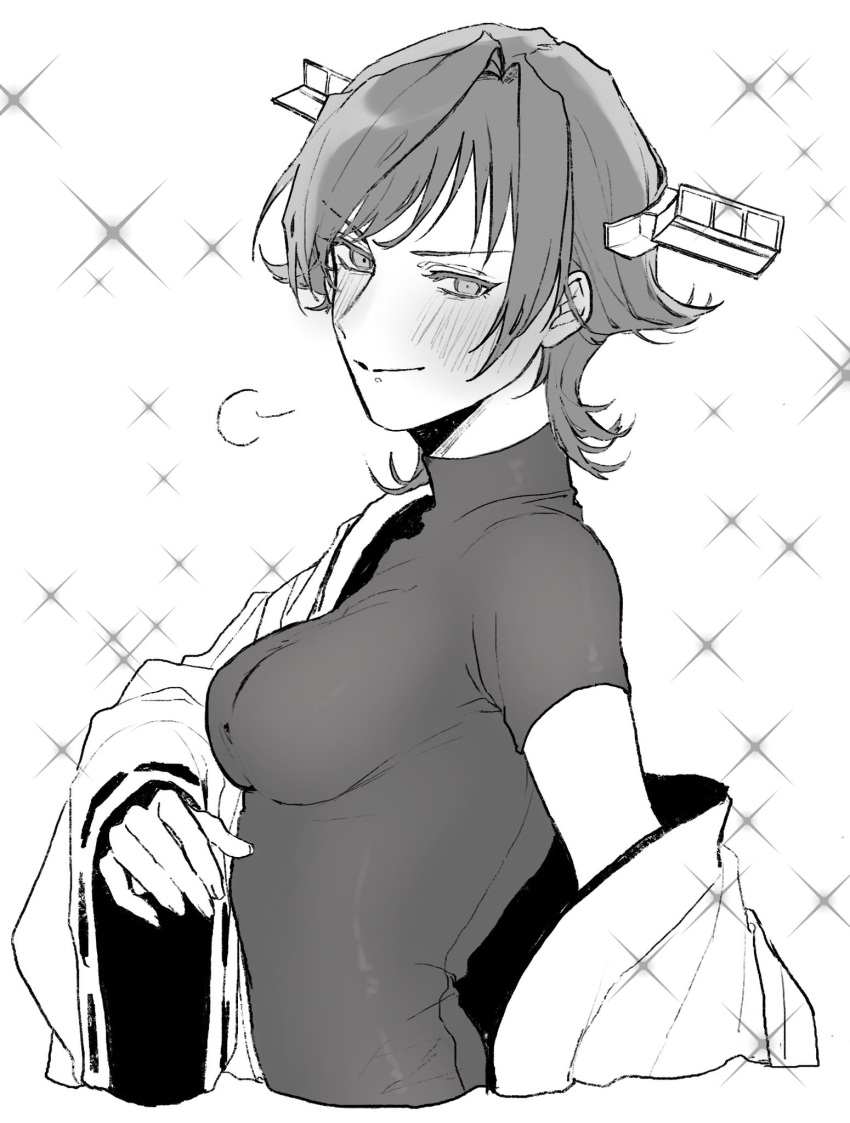 1girl =3 blush breasts closed_mouth cropped_torso greyscale headgear hiei_(kancolle) highres japanese_clothes kantai_collection looking_at_viewer medium_breasts monochrome off_shoulder open_clothes oucha_(oyuki_777) ribbon-trimmed_sleeves ribbon_trim short_hair short_sleeves simple_background solo sparkle undershirt upper_body wide_sleeves