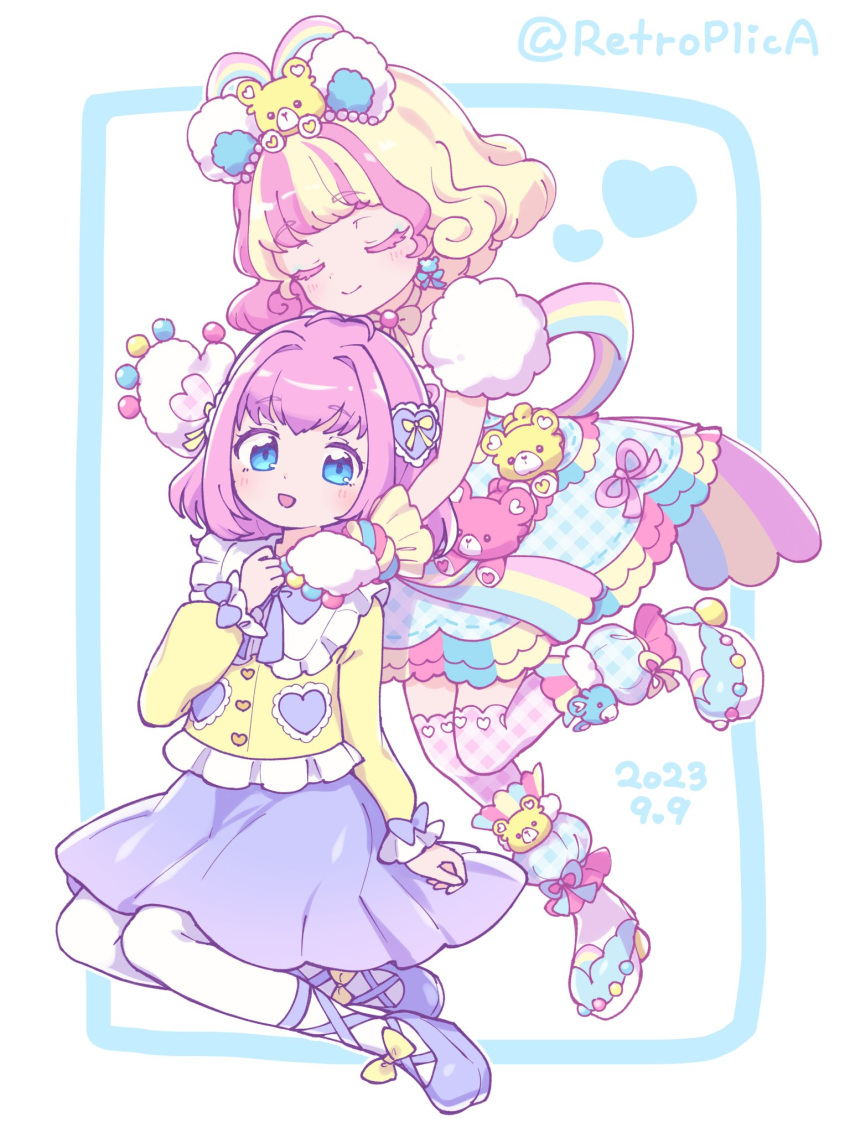 2girls :d amauri_miruki amauri_miruki_(primagista) animal_ears animal_hands antenna_hair bear_ears bear_hair_ornament bear_paws blonde_hair blue_eyes blue_footwear blue_skirt blush bow closed_eyes commentary_request dated dual_persona earrings fake_animal_ears frilled_skirt frills full_body gloves hair_intakes hair_ornament hand_on_another's_shoulder hand_on_own_chest heart heart_hair_ornament highres idol_clothes jewelry long_sleeves looking_at_viewer multicolored_hair multiple_girls nana_(retroplica) open_mouth pantyhose paw_gloves pink_hair pink_ribbon pink_thighhighs plaid plaid_skirt pretty_(series) rainbow_print ribbon shirt shoes short_hair sitting skirt smile standing standing_on_one_leg streaked_hair stuffed_animal stuffed_toy teddy_bear thighhighs twitter_username waccha_primagi! white_background white_pantyhose yellow_bow yellow_shirt yume_kawaii