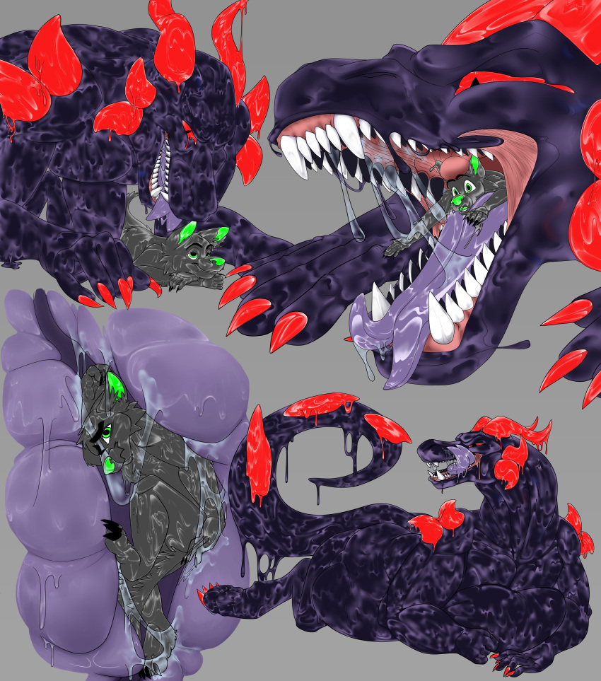 abdominal_bulge abs absurd_res anthro belly bodily_fluids canid canine canis claws comic devourer_(razor_koopa) digestion digital_media_(artwork) dragon drooling drooling_onto_other drooling_slime drooling_tongue duo fangs fingers glistening glistening_body goo_creature goo_dragon goo_dripping guts hi_res horn inside_stomach internal licking licking_lips licking_own_lips macro macro_pred male male/male male_pred male_prey mammal micro micro_on_macro micro_prey mouth_shot muscular muscular_anthro muscular_male open_mouth oral_vore organs pecs purple_body red_eyes saliva saliva_on_tongue saliva_string self_lick simple_background size_difference slime somedumbtwink stomach stomach_acid swallowing tail teeth thick_thighs tongue tongue_out uvula vore wolf zepp_the_goo_wolf