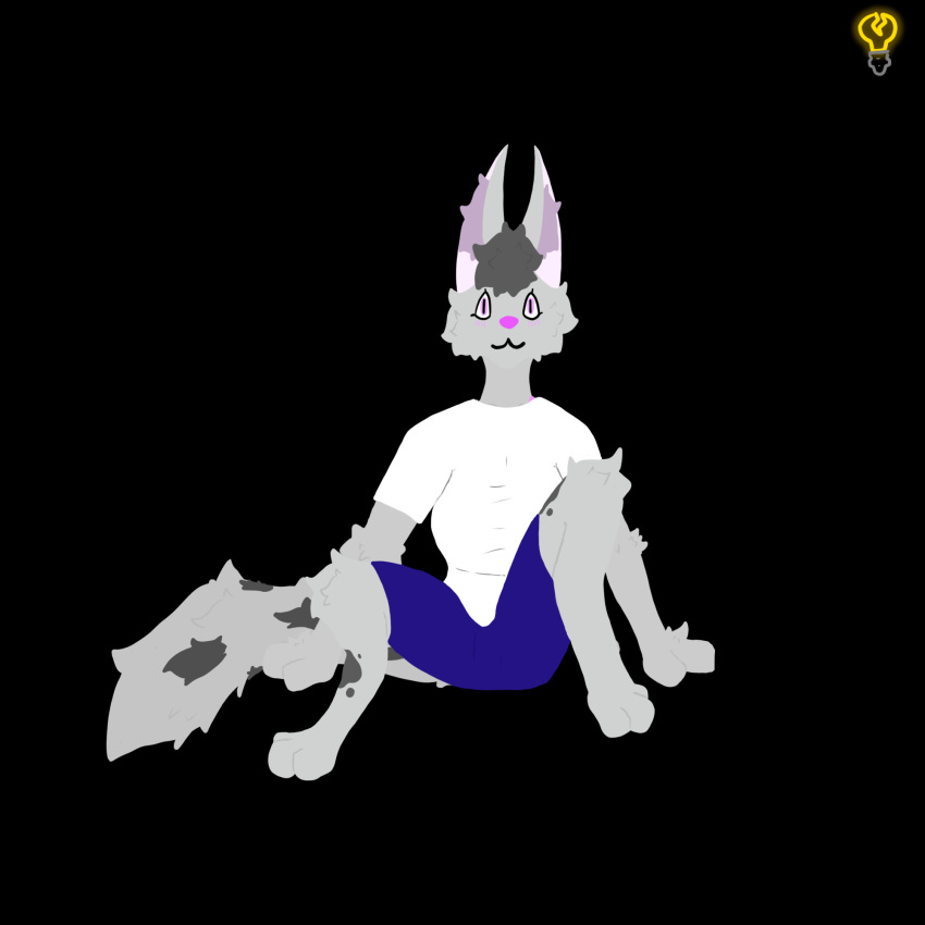 aft3r_d4rk anthro black_background blue_bottomwear blue_clothing blue_shorts bottomwear canid canine canis cheek_tuft clothed clothing dark_spots digital_media_(artwork) facial_tuft female fur grey_body grey_fur hi_res lavender(aft3r_d4rk) lineless mammal pink_eyes pink_nose shirt shorts simple_background smile solo spots spotted_body spotted_fur tail topwear tuft white_clothing white_shirt white_topwear wolf