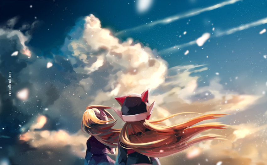 1boy 1girl blonde_hair ciel_(mega_man) cloud cloudy_sky english_commentary from_behind helmet highres long_hair mega_man_(series) mega_man_zero outdoors seto_(asils) sky sunlight zero_(mega_man)