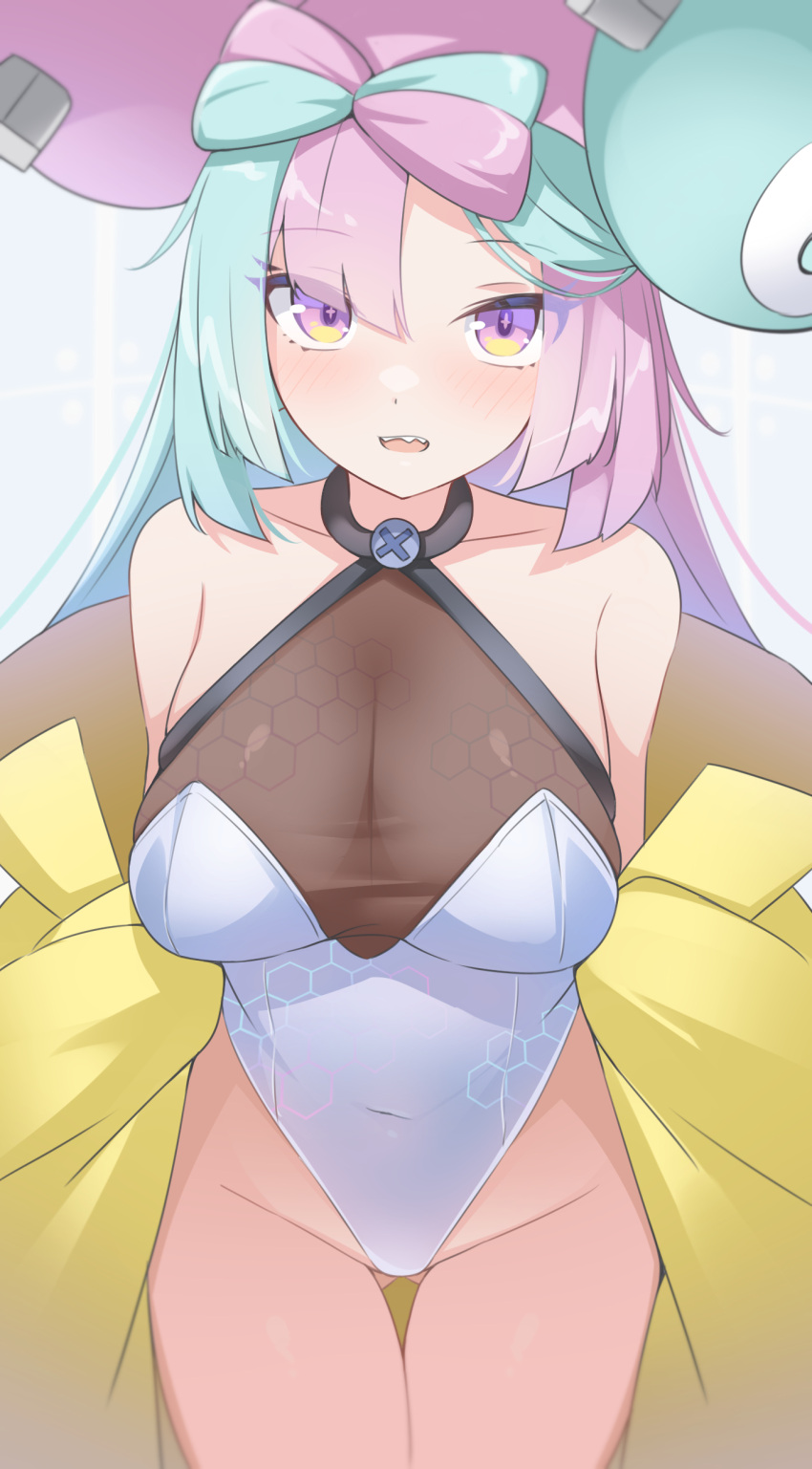 1girl absurdres bare_shoulders blush bow-shaped_hair breasts character_hair_ornament green_hair groin hair_ornament hexagon_print highres iono_(pokemon) jacket large_breasts long_hair long_sleeves looking_at_viewer multicolored_hair open_mouth oversized_clothes pink_eyes pink_hair pokemon pokemon_(game) pokemon_sv solo split-color_hair thigh_gap thighs two-tone_hair very_long_sleeves x xlyami yellow_jacket