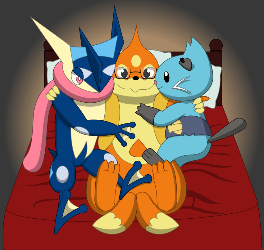 2023 2_toes 3_toes absurd_res bed cel_shading dewott embrace eyewear feet floatzel furniture generation_4_pokemon generation_5_pokemon generation_6_pokemon glasses greninja hi_res hug male multi_tail nintendo pillow pokemon pokemon_(species) reggie_rakun scarf shaded shell simple_background simple_shading tail toes