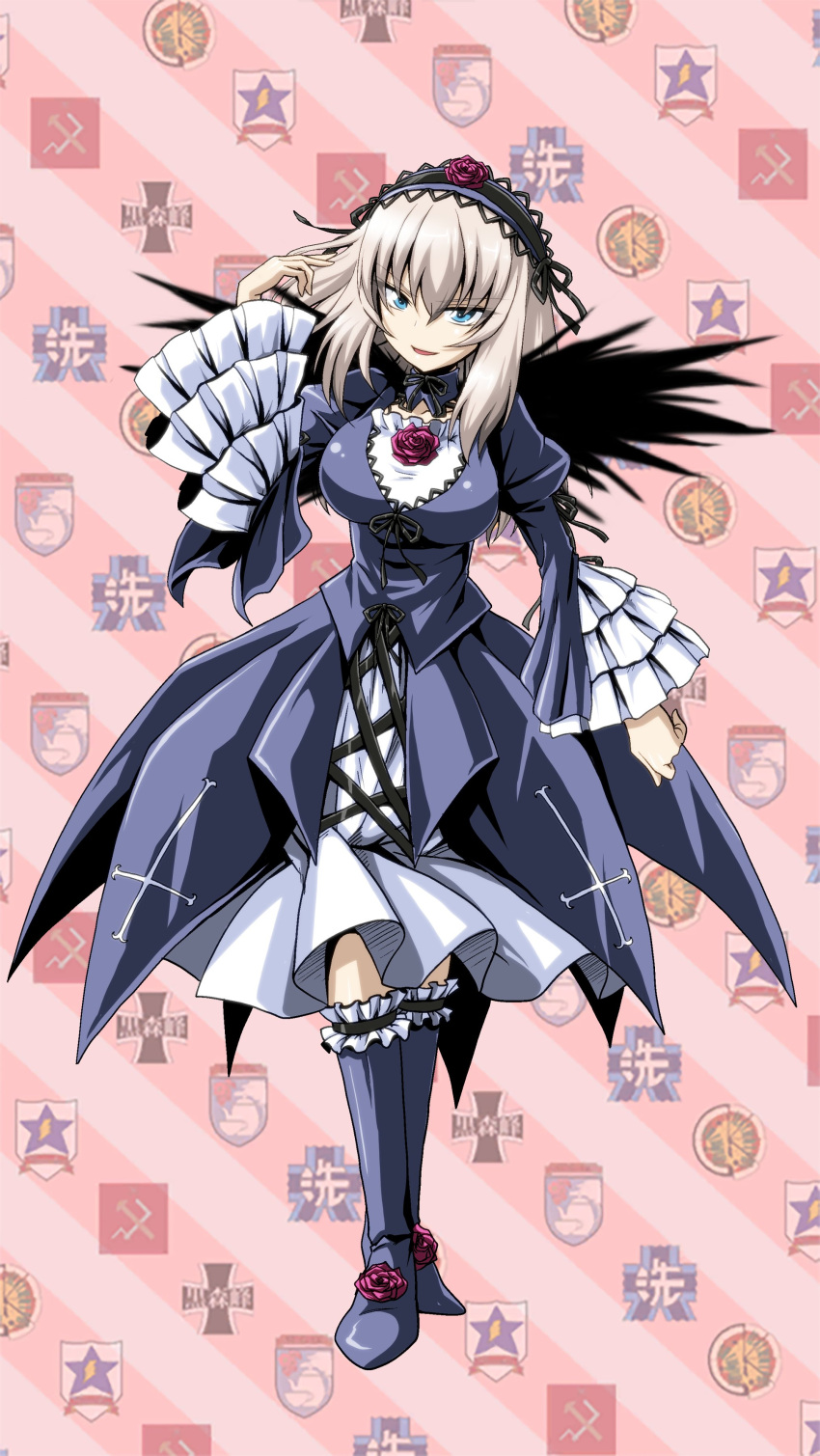 1girl absurdres anzio_(emblem) black_hairband black_ribbon black_wings boots breasts collar commentary cosplay cross-laced_clothes cross-laced_dress cross_print detached_collar dress emblem feathered_wings flower footwear_flower frilled_dress frilled_hairband frills full_body girls_und_panzer gothic_lolita grey_collar grey_dress grey_footwear grey_hair hair_between_eyes hair_ribbon hairband highres itsumi_erika juliet_sleeves kamishima_kanon kuromorimine_(emblem) large_breasts layered_dress lolita_fashion lolita_hairband long_bangs long_hair long_sleeves looking_at_viewer neck_ribbon ooarai_(emblem) open_mouth pravda_(emblem) puffy_sleeves red_flower red_rose ribbon rose rozen_maiden saunders_(emblem) smile solo st._gloriana's_(emblem) standing suigintou suigintou_(cosplay) white_dress wings