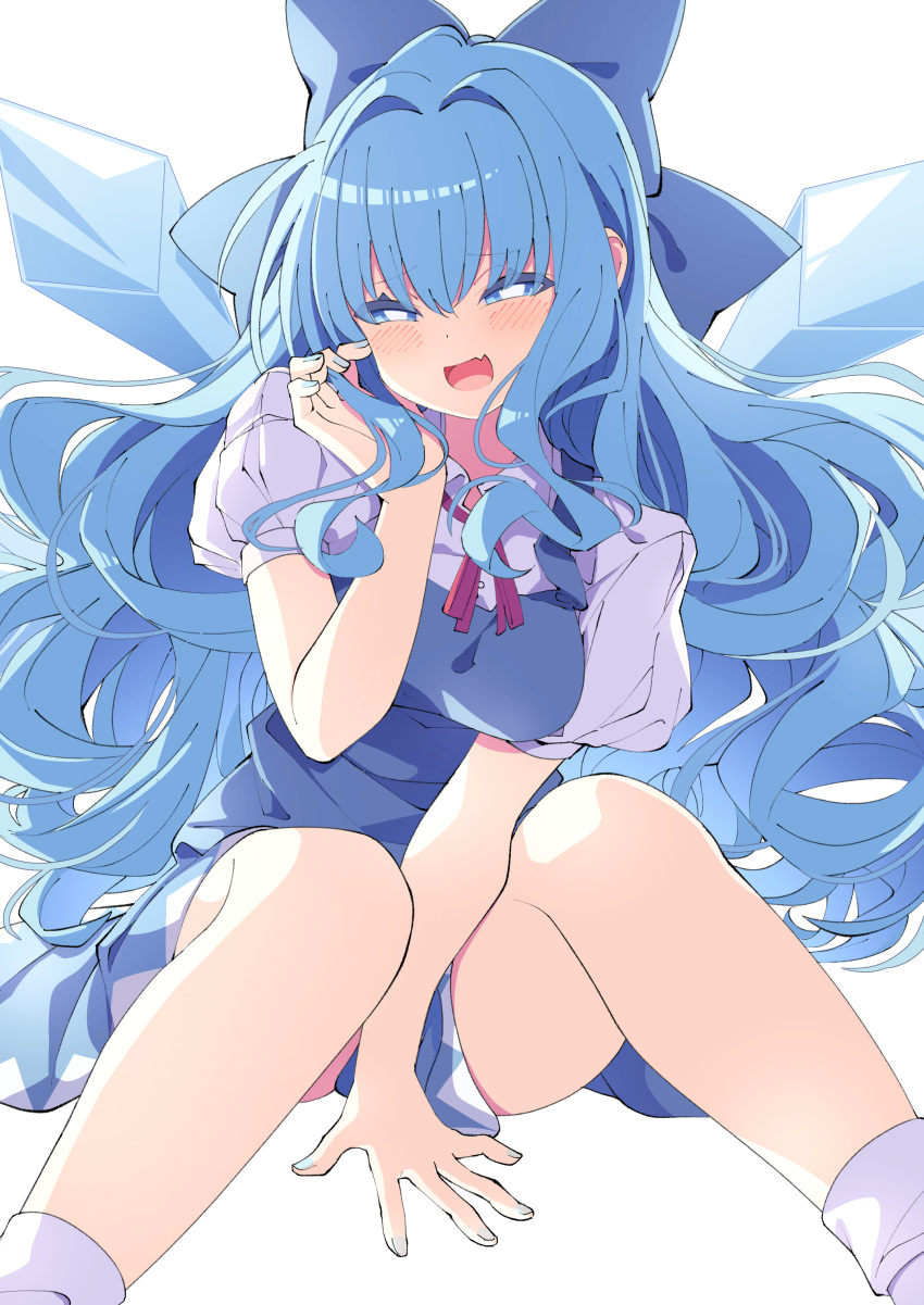 1girl absurdres aged_up blue_bow blue_dress blue_eyes blue_hair blue_nails blush bow cirno collared_shirt commentary dress fairy fingernails hair_bow highres ice ice_wings long_hair looking_at_viewer nail_polish open_mouth shirt short_sleeves simple_background smile socks solo touhou tsukimirin white_background white_shirt white_socks wings