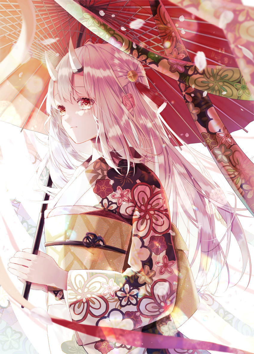 1girl absurdres alternate_costume bell blush cowboy_shot dappled_sunlight falling_petals floral_print floral_print_kimono from_side furisode grey_hair hair_bell hair_ornament highres holding holding_umbrella hololive horns japanese_clothes jingle_bell kimono long_hair long_sleeves looking_afar nakiri_ayame obi obiage obijime oil-paper_umbrella oni_horns petals print_kimono red_eyes red_kimono sad sash seikai_meguru solo spring_(season) sunlight tassel tassel_hair_ornament umbrella virtual_youtuber wide_sleeves