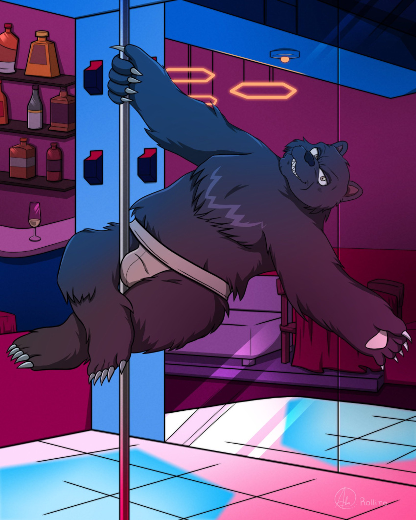 alcohol bear beast_wars_neo beverage bulge clothing feral hasbro hi_res legwear looking_at_viewer lostcinnamon male mammal maximal nightclub pole solo strip_club stripper stripper_pole survive_(transformers) takara_tomy tights transformers transformers:_beast_wars