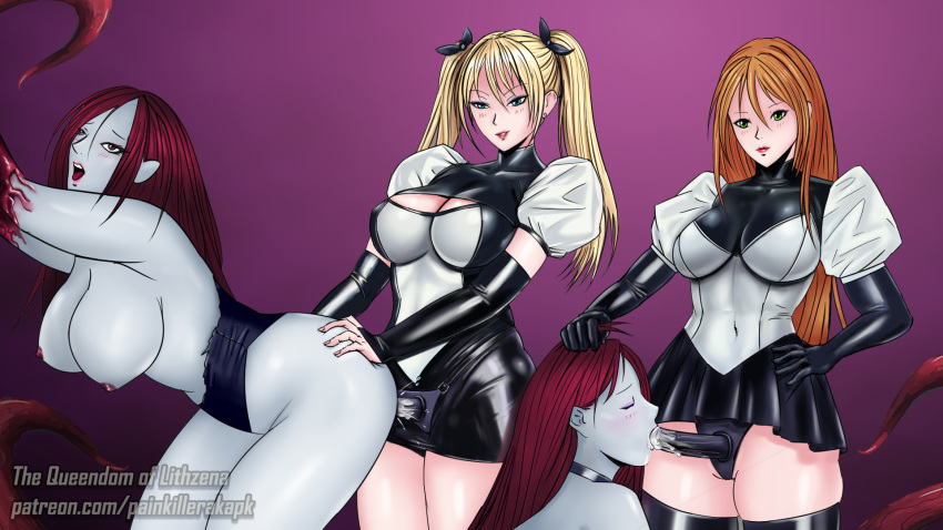 4girls bad_source blonde_hair blue_skin breasts colored_skin dildo femdom highres large_breasts leather monster_girl multiple_girls orange_hair painkillerakapk red_hair sex_toy strap-on tentacle_girl tentacles the_queendom_of_lithzena