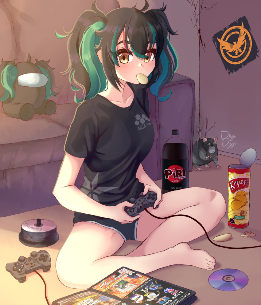 1girl absurdres among_us barefoot black_hair black_panties black_shirt cd chips_(food) controller couch crewmate_(among_us) drogo_doggo expressionless food game_controller girls'_frontline green_hair hair_between_eyes highres holding holding_controller holding_game_controller indian_style indoors long_hair looking_at_viewer messy_hair mouse mouth_hold multicolored_hair panties playstation_controller potato_chips saf_(girls'_frontline) shirt sitting soda_bottle solo t-shirt tom_clancy's_the_division twintails underwear yellow_eyes