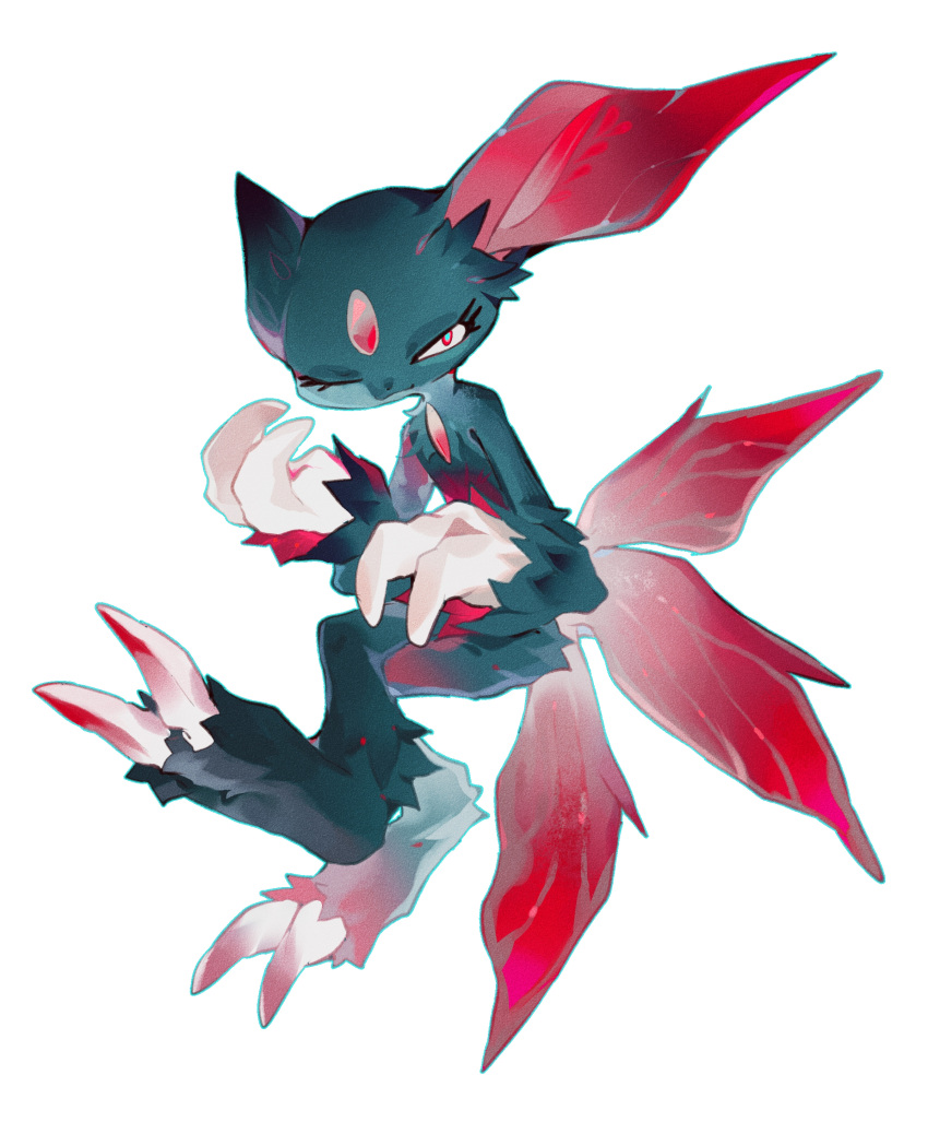 absurdres animal_focus floating full_body highres looking_at_viewer no_humans one_eye_closed ou331 pokemon pokemon_(creature) red_eyes simple_background sneasel solo white_background