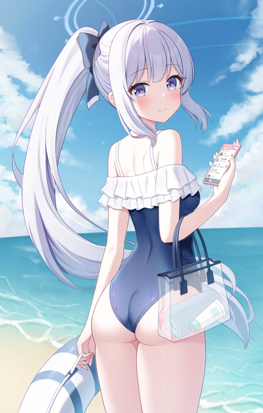 1girl absurdres ass bare_legs bare_shoulders blue_archive blue_halo blue_one-piece_swimsuit blush cellphone cowboy_shot duplicate frills grey_hair halo highres kurumi_lm long_hair looking_at_viewer looking_back miyako_(blue_archive) miyako_(swimsuit)_(blue_archive) ocean one-piece_swimsuit phone ponytail purple_eyes swimsuit