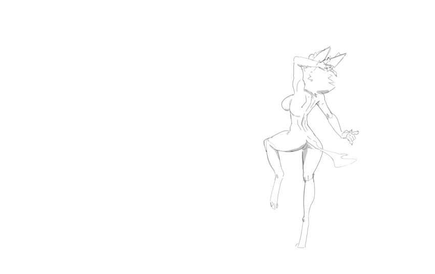 animated anthro banne breasts butt dancing female fluffy happy hersh_(banne) humanoid monochrome multiple_poses neck_tuft nude paws pose shaded side_boob smile solo tail tuft unknown_species