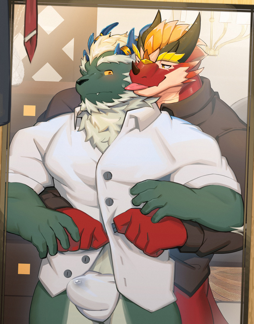 2boys absurdres ajin_(hirainaoto1) bara beard blush bulge colored_skin couple dragon_boy erection erection_under_clothes facial_hair feet_out_of_frame furry furry_with_furry grabbing grabbing_from_behind green_skin highres large_pectorals licking licking_another's_cheek licking_another's_face male_focus male_underwear mature_male multiple_boys muscular muscular_male no_pants original pectorals precum precum_through_clothes red_skin standing thick_eyebrows thick_thighs thighs underwear undressing_another wet wet_clothes wet_male_underwear white_male_underwear yaoi