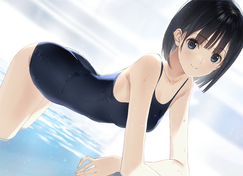 1girl arm_support bent_over black_eyes black_hair black_one-piece_swimsuit breasts day highres looking_at_viewer medium_breasts nakamura_takeshi one-piece_swimsuit original outdoors short_hair smile solo sunlight swimsuit wading water wet