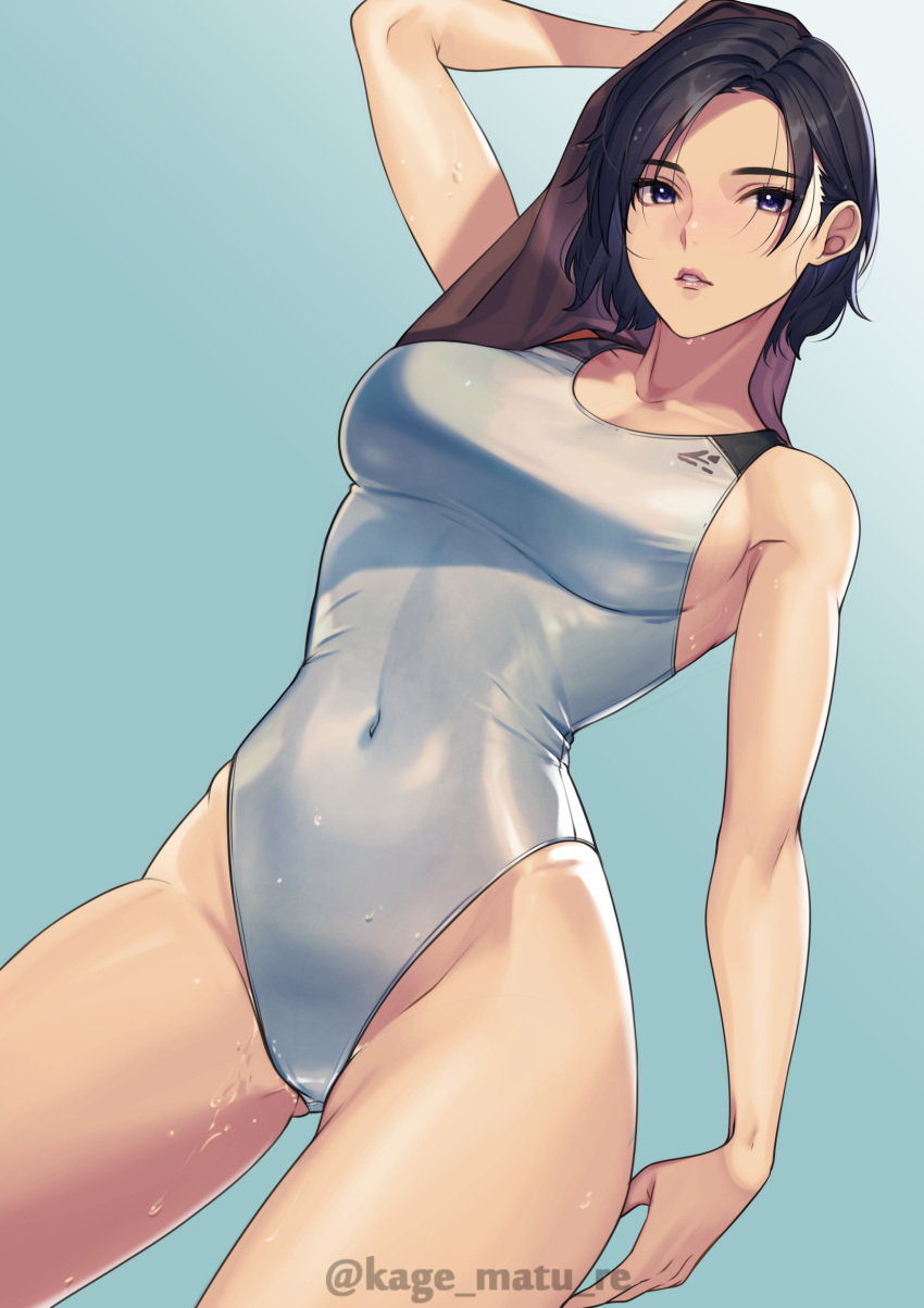 1girl absurdres arm_up bare_arms bare_shoulders black_hair breasts covered_navel highleg highleg_swimsuit highres kagematsuri large_breasts long_hair looking_at_viewer one-piece_swimsuit original parted_lips purple_eyes simple_background solo swimsuit thighs wet white_one-piece_swimsuit