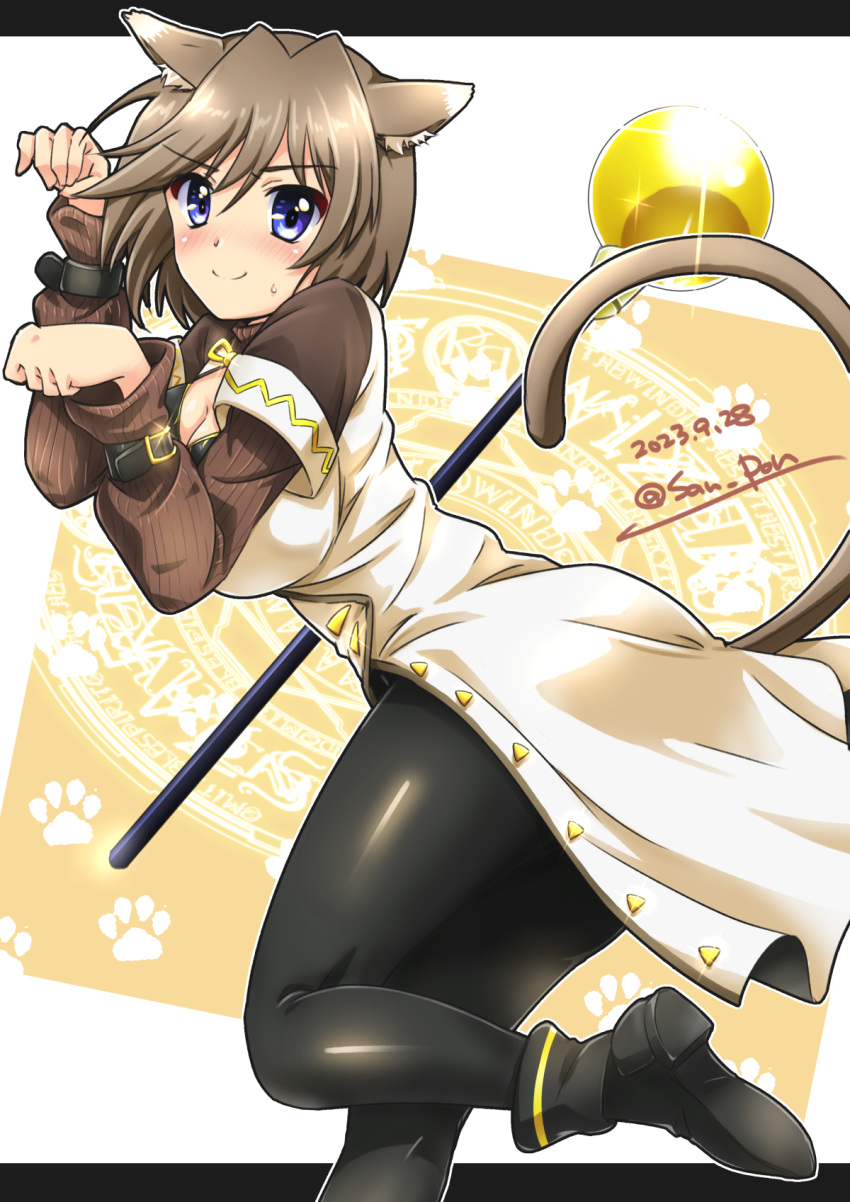 1girl animal_ears artist_name black_pants blue_eyes blush breasts brown_hair cat_ears cat_tail closed_mouth commentary_request dated highres large_breasts linith looking_at_viewer lyrical_nanoha mahou_shoujo_lyrical_nanoha pants paw_pose san-pon short_hair smile solo tail