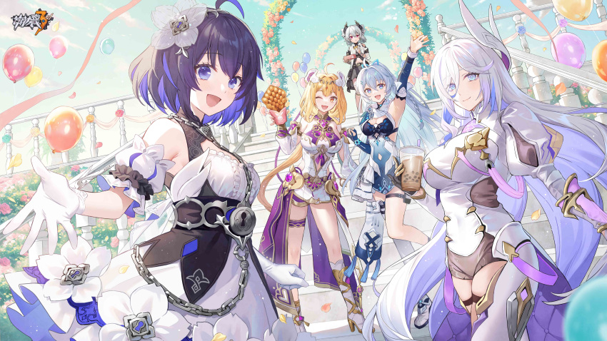 5girls :d absurdres ahoge arabian_clothes armpit_crease armpits balloon bare_shoulders bear_hair_ornament blue_eyes blue_hair breasts bubble_tea chinese_commentary cleavage cup day detached_sleeves dress fence flower food grey_hair hair_between_eyes hair_flower hair_ornament hare_(honkai_impact) high_ponytail highres holding holding_cup honkai_(series) honkai_impact_3rd large_breasts light_blue_hair lino_chang lock logo long_hair medium_breasts multiple_girls official_art official_wallpaper one_eye_closed open_hand open_mouth orange_hair outdoors prometheus_(honkai_impact) seele_vollerei seele_vollerei_(stygian_nymph) shigure_kira short_hair sky smile stairs standing susannah_(honkai_impact) susannah_(valkyrie_quicksand) thigh_strap thighhighs upper_body waving white_dress white_hair white_sleeves white_thighhighs