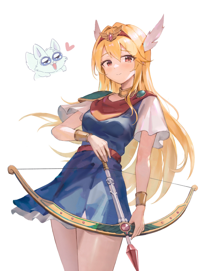 1girl absurdres akazukin_chacha animal armor blonde_hair blue_dress blush bow_(weapon) bracer brown_eyes choker cowboy_shot drawing_bow dress gem gold_choker hair_between_eyes hair_intakes hairband head_wings heart highres holding holding_bow_(weapon) holding_weapon ikkia long_hair looking_at_viewer magical_princess pauldrons red_eyes red_scarf riiya_(akazukin_chacha) scarf short_sleeves shoulder_armor simple_background single_pauldron smile solo standing tiara vambraces very_long_hair weapon white_background