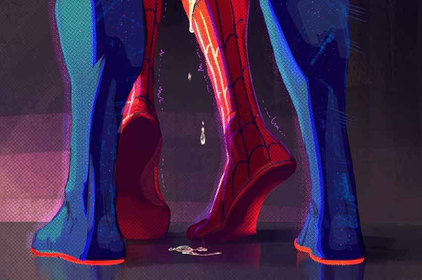 2boys blue_bodysuit bodysuit couple cum cumdrip feet foot_focus highres implied_anal implied_sex male_focus marvel miguel_o'hara multiple_boys niksaf peter_b_parker red_bodysuit spider-man:_across_the_spider-verse spider-man_(2099) spider-man_(series) two-tone_bodysuit yaoi