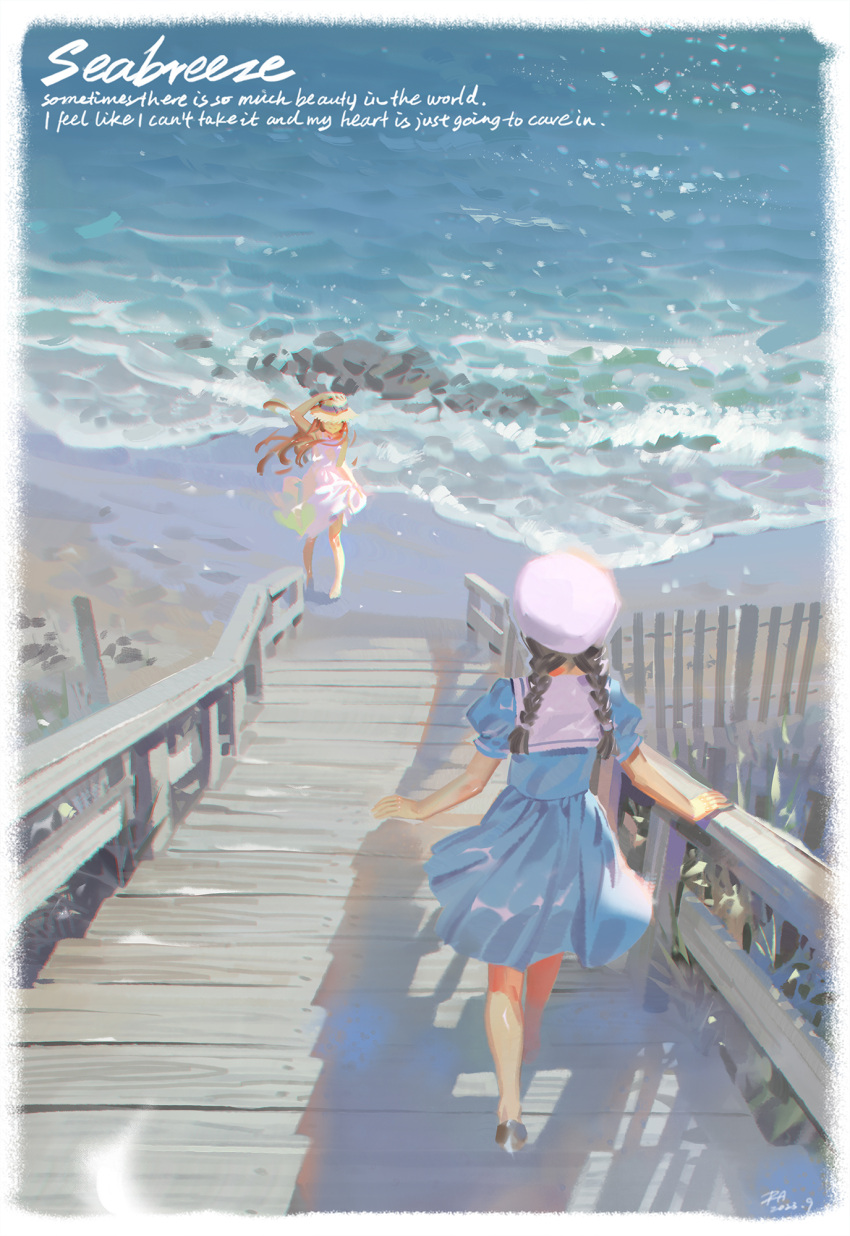 2girls alphonse_(white_datura) barefoot beach black_hair blue_dress braid brown_hair day dress english_text hat highres long_hair multiple_girls ocean original outdoors scenery shoes stairs straw_hat twin_braids walking water