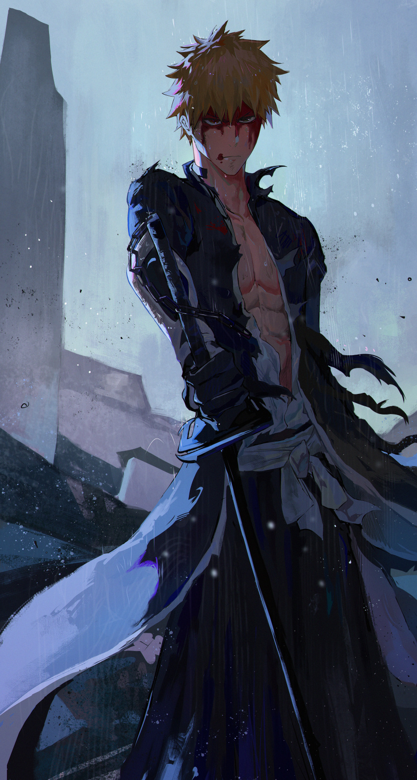 1boy absurdres bankai black_hakama bleach bleach:_the_thousand-year_blood_war blood blood_on_face brown_eyes collarbone feet_out_of_frame hakama highres holding holding_sword holding_weapon japanese_clothes katana kurosaki_ichigo long_sleeves looking_ahead looking_at_viewer male_focus muscular muscular_male open_clothes open_shirt orange_hair outdoors pectorals rain solo spiked_hair standing sword tensa_zangetsu_(bankai) torn_clothes weapon zzz_zhi_he