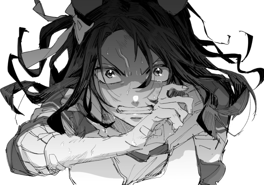 1girl angry animal_ears bandaid bandaid_on_arm bandaid_on_hand bow collarbone commentary_request determined dirty dirty_face floating_hair greyscale grimace gym_shirt hair_bow high_collar highres horse_ears horse_girl jacket king_halo_(umamusume) long_hair looking_at_viewer monochrome one_side_up open_clothes open_jacket partially_unzipped shirt simple_background single_tear sleeves_rolled_up solo sweat tears tracen_training_uniform track_jacket umamusume upper_body v-shaped_eyebrows veins wide-eyed wiping_tears yezi_(yo10ru29ko)