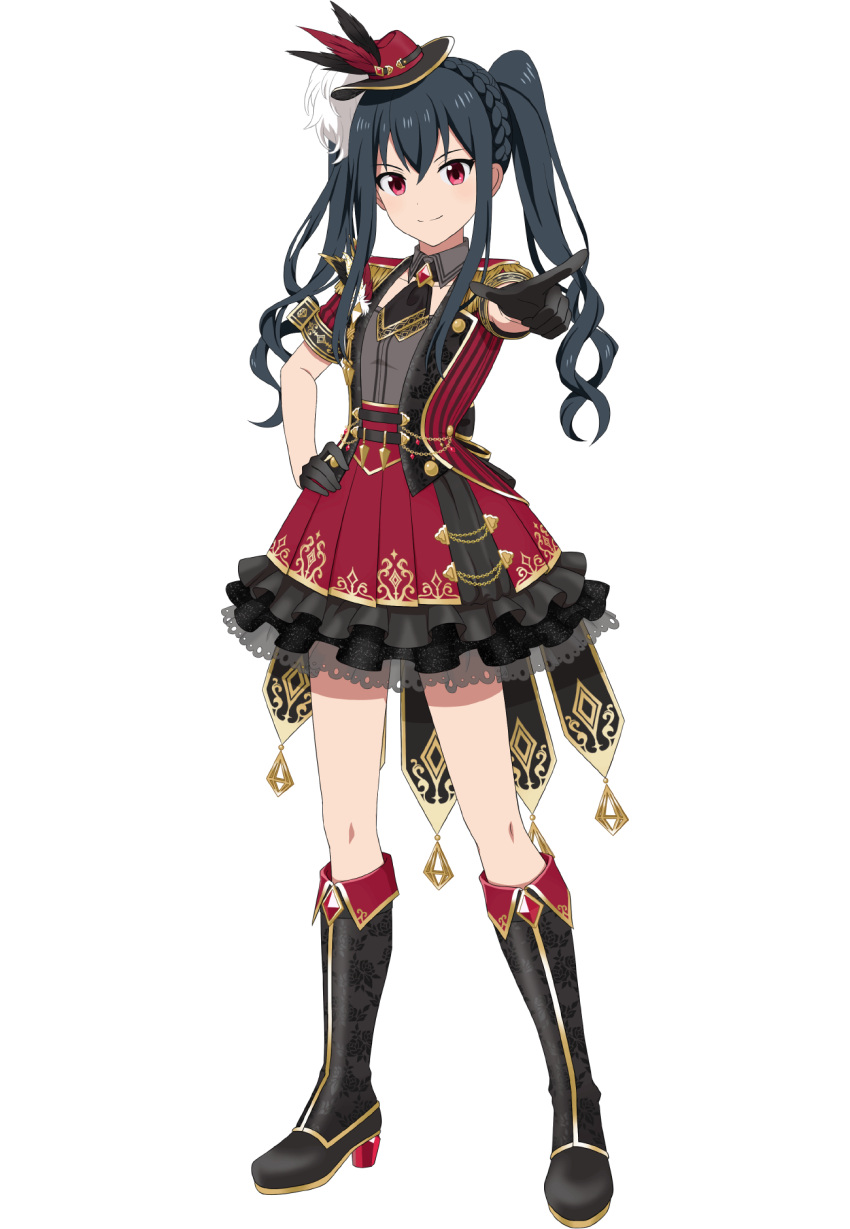 1girl aya_(idolmaster_starlit_season) black_gloves boots braid dress english_commentary full_body gloves hand_on_own_hip hat hat_feather high_heel_boots high_heels highres idol idolmaster idolmaster_starlit_season mini_hat official_art purple_eyes smile solo tales_of_asteria transparent_background twintails v