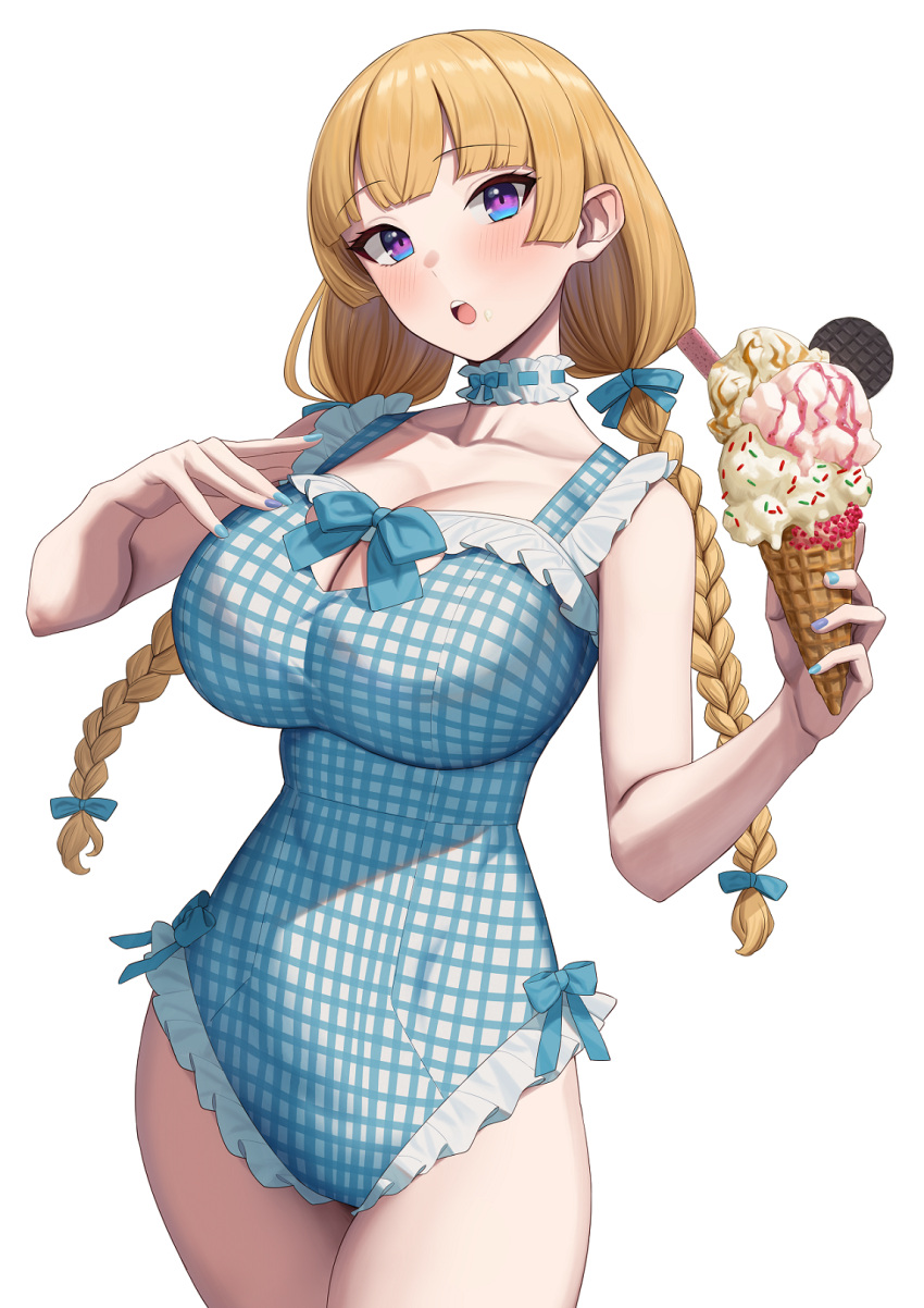 1girl bikini blonde_hair blue_choker blue_eyes blue_nails blue_one-piece_swimsuit braid breasts casual_one-piece_swimsuit choker cleavage_cutout clothing_cutout food frilled_choker frilled_one-piece_swimsuit frills gingham highres holding holding_food holding_ice_cream ice_cream ice_cream_cone large_breasts lina_(michihasu) long_hair looking_at_viewer low-tied_long_hair low_twintails michihasu nail_polish one-piece_swimsuit open_mouth original plaid plaid_swimsuit solo swimsuit twin_braids twintails upper_body
