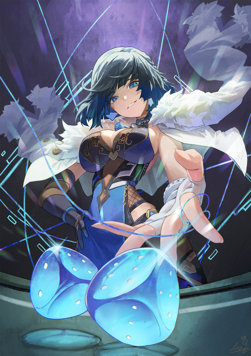 1girl asymmetrical_gloves black_gloves black_hair blue_dress blue_hair braid breasts commentary diagonal_bangs dice dress elbow_gloves fingerless_gloves fur-trimmed_jacket fur_trim genshin_impact gloves gradient_hair green_eyes hand_on_own_hip highres jacket jacket_on_shoulders large_breasts looking_at_viewer m.q_(mqkyrie) mismatched_gloves multicolored_hair outstretched_arm parted_lips short_hair single_elbow_glove single_glove sleeveless sleeveless_dress smile solo uneven_gloves white_gloves white_jacket yelan_(genshin_impact)