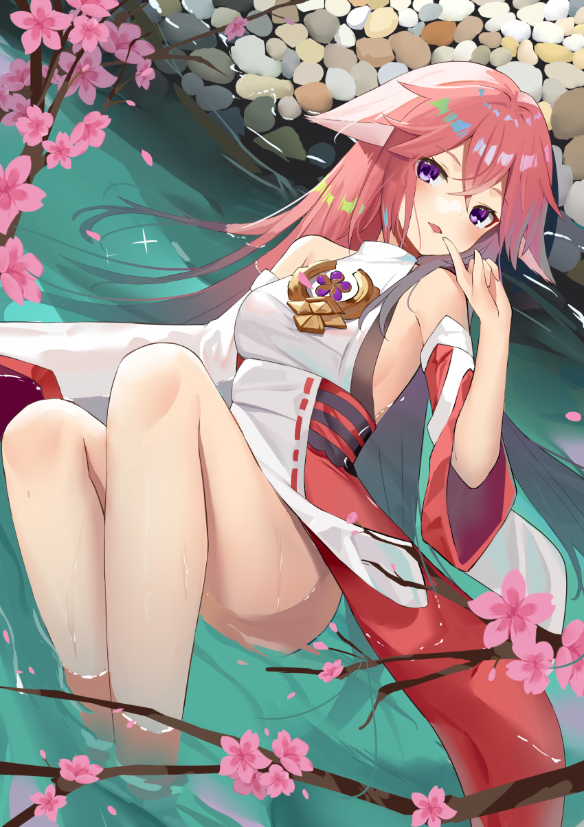 1girl absurdres ass branch breasts cherry_blossoms commentary_request detached_sleeves genshin_impact hair_between_eyes hair_ornament highres in_water japanese_clothes long_hair long_sleeves looking_at_viewer lying nontraditional_miko on_back pink_hair purple_eyes ribbon-trimmed_sleeves ribbon_trim rock sakutaishi shallow_water sideboob sidelocks solo water wet wet_clothes wide_sleeves yae_miko