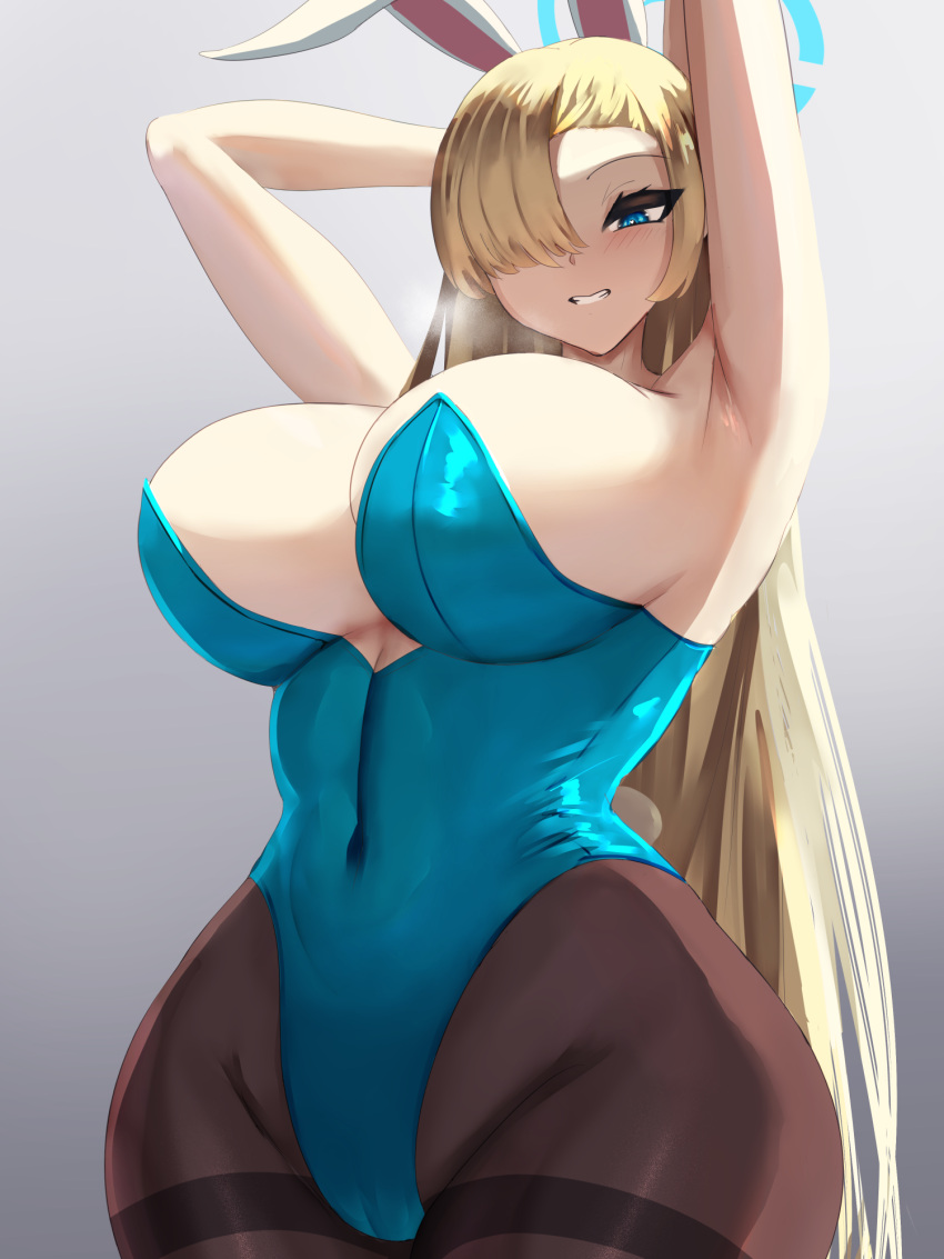 1girl animal_ears armpits arms_up asuna_(blue_archive) asuna_(bunny)_(blue_archive) bare_arms bare_shoulders blonde_hair blue_archive blue_eyes blue_halo blue_leotard blush breasts brown_pantyhose covered_navel fake_animal_ears gradient_background grey_background hair_over_one_eye halo highres large_breasts leotard long_hair looking_at_viewer official_alternate_costume one_eye_covered pantyhose parted_lips presenting_armpit rabbit_ears sana!rpg sideboob simple_background smile solo thighband_pantyhose wide_hips