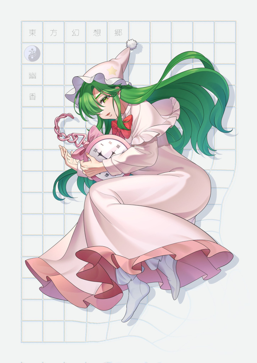 1girl ascot bow clock green_eyes green_hair grid guumin hair_over_one_eye hat head_down highres kazami_yuuka kazami_yuuka_(pc-98) long_hair long_sleeves lotus_land_story nightcap nightgown pajamas pink_pajamas red_bow solo star_(symbol) star_print touhou touhou_(pc-98) warped