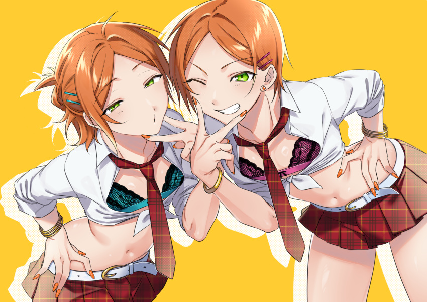 2boys 2wink_(ensemble_stars!) absurdres aoi_hinata aoi_yuta aqua_bra belt blush bra bracelet brothers collarbone cowboy_shot crossdressing earrings ensemble_stars! green_eyes hair_ornament hairclip hand_on_own_hip hand_up highres jewelry leaning_forward long_sleeves male_focus medium_hair midriff miniskirt multiple_boys necktie omiyacha one_eye_closed orange_hair orange_nails otoko_no_ko parted_bangs pink_bra plaid plaid_necktie plaid_skirt red_necktie red_skirt shirt short_hair siblings skirt stud_earrings teeth thighs tied_shirt twins underwear v white_belt yellow_background