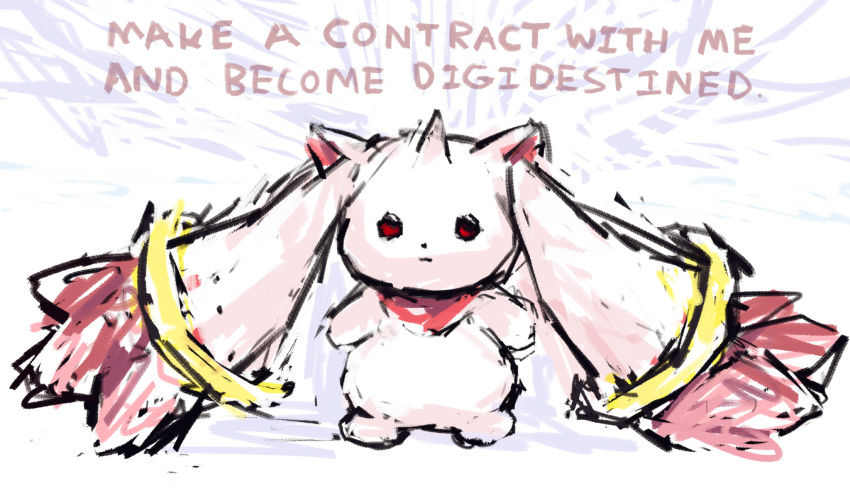 ambiguous_gender anthro bandai_namco crossover digimon digimon_(species) english_text fusion hi_res incubator_(puella_magi) kyubey mahou_shoujo_madoka_magica petday puella_magi rough_sketch solo terriermon text