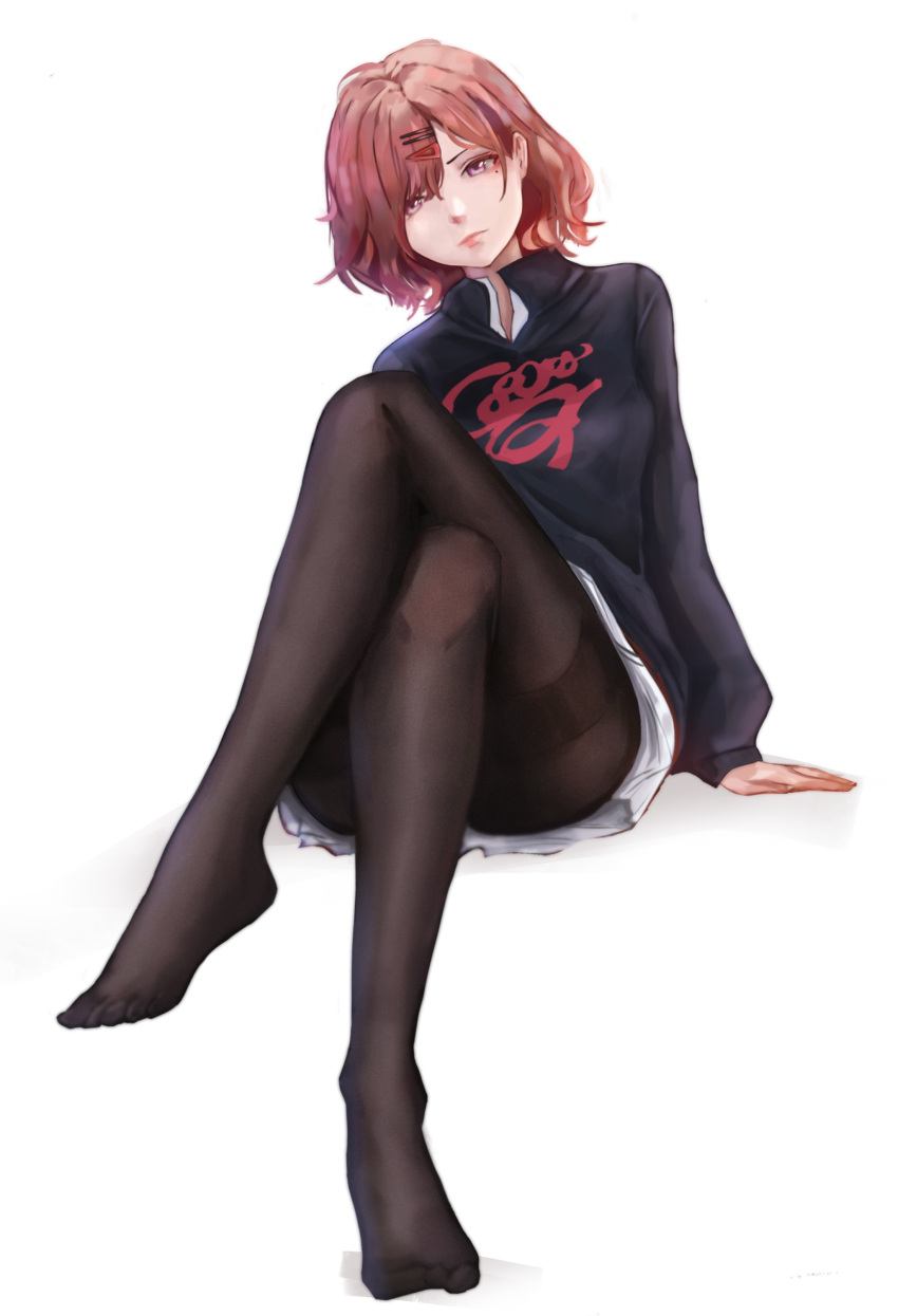 1girl absurdres arm_support black_pantyhose black_shirt breasts brown_hair closed_mouth commentary convenient_leg crossed_legs english_commentary eyelashes feet full_body hair_ornament hairclip highres higuchi_madoka idolmaster idolmaster_shiny_colors knee_up legs lips long_sleeves looking_at_viewer medium_hair mole mole_under_eye n7grey no_shoes pantyhose parted_bangs pink_eyes print_shirt shadow shirt simple_background sitting skirt solo thighband_pantyhose toes white_background white_skirt