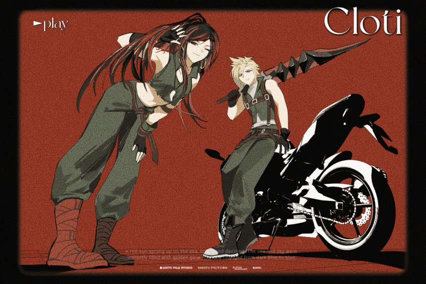1boy 1girl absurdres black_hair cloud_strife cosplay crop_top dreadlocks duoj_ji final_fantasy final_fantasy_ix final_fantasy_vii final_fantasy_vii_ever_crisis fingerless_gloves gloves highres leaning_forward motor_vehicle motorcycle multicolored_hair official_alternate_costume official_alternate_hairstyle over_shoulder red_background red_hair salamander_coral salamander_coral_(cosplay) sleeveless smile sword tifa_lockhart two-tone_hair weapon weapon_over_shoulder zidane_tribal zidane_tribal_(cosplay)